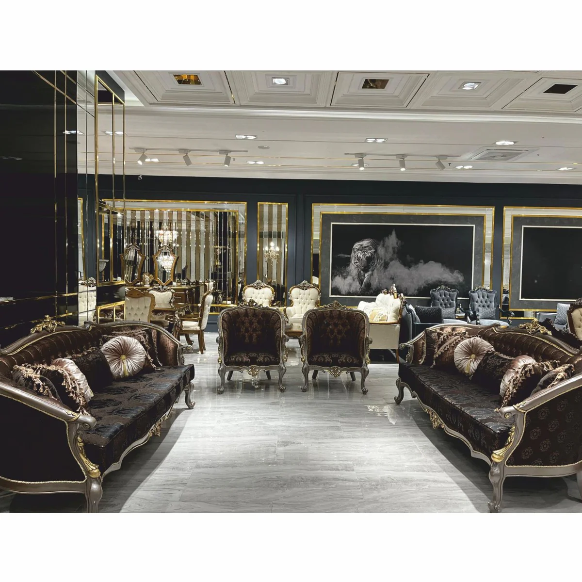 Luxus Barock Couchtisch Grau / Gold 123 cm - Barockstil Wohnzimmer Möbel