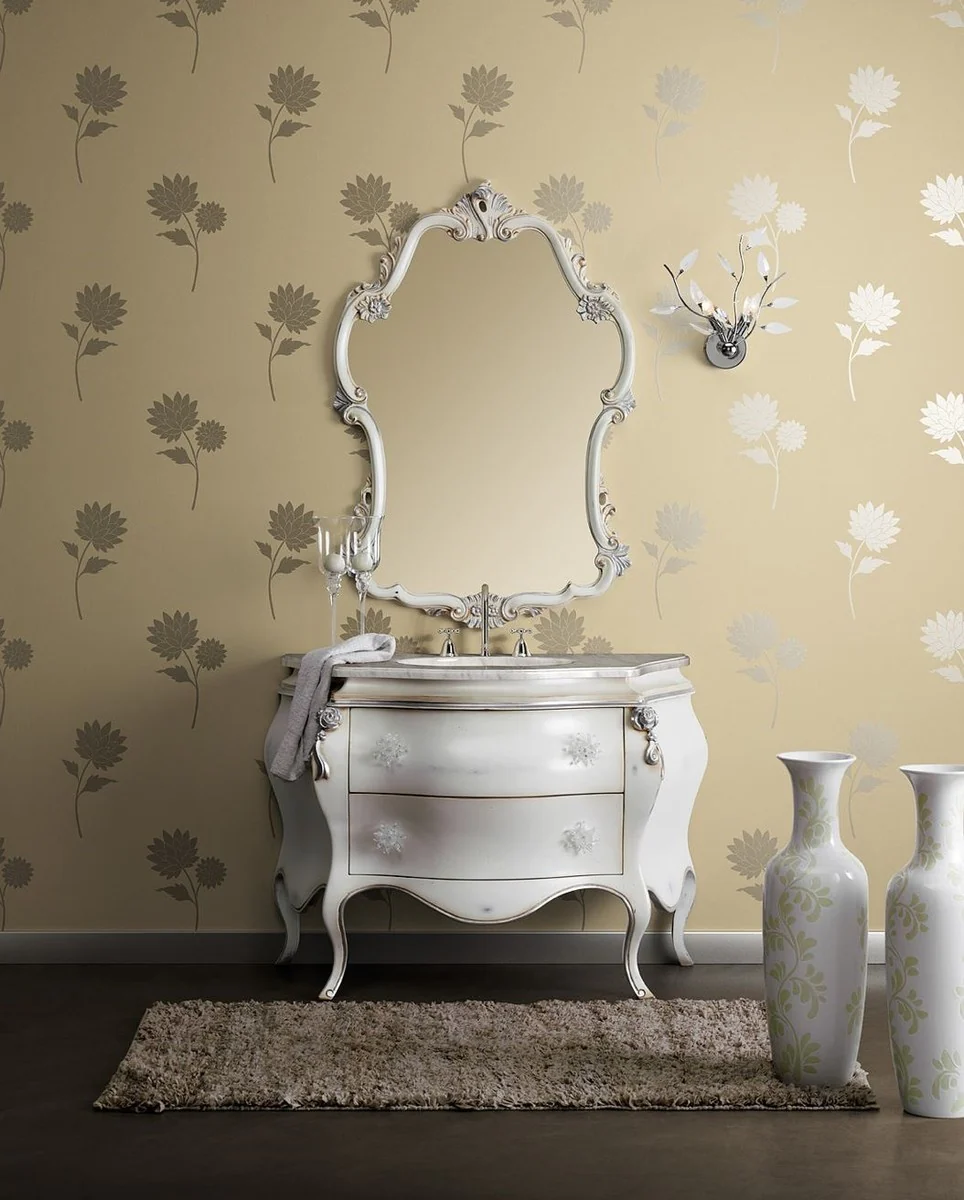Luxus Barock Badezimmer Set Weiß / Silber - 1 Barock Waschtisch & 1 Barock Wandspiegel - Luxus Badezimmer Möbel im Barockstil - Barock Möbel - Luxus Qualität - Made in Italy