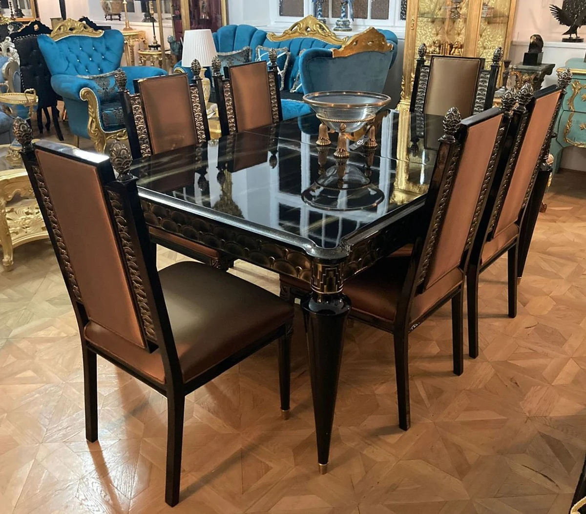 Luxus Barock Esstisch Schwarz / Gold - Ausziehbarer Massivholz Esszimmertisch - Luxus Esszimmer Möbel im Barockstil - Barock Möbel - Edel & Prunkvoll