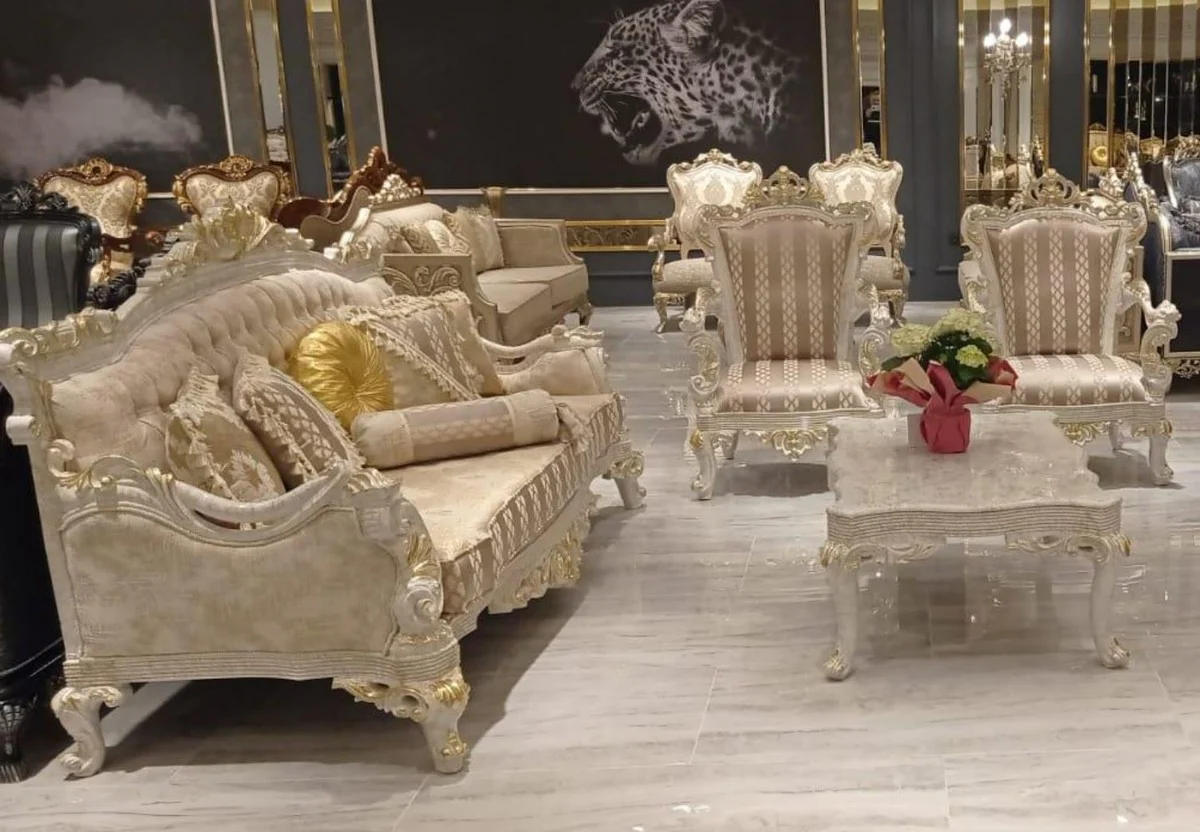 Luxus Barock Wohnzimmer Set Grau / Gold - 2 Barock Sofas mit Muster & 2 Barock Sessel mit Muster & 1 Barock Couchtisch - Barock Wohnzimmer Möbel