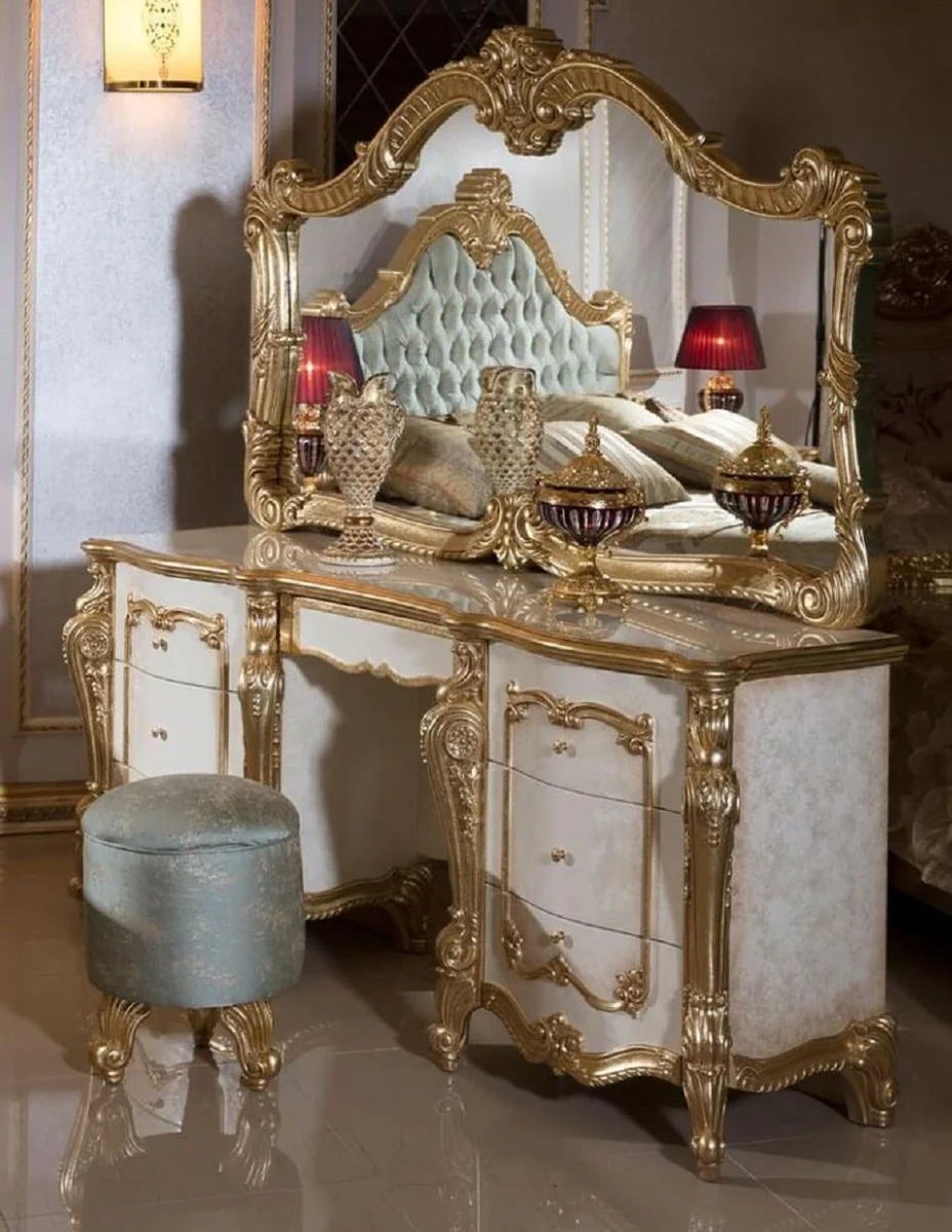 Luxus Barock Schlafzimmer Set Weiß / Beige / Gold / Hellblau - 1 Barock Schminkkommode & 1 Barock Spiegel & 1 Barock Hocker - Barock Schlafzimmer Möbel - Edel & Prunkvoll