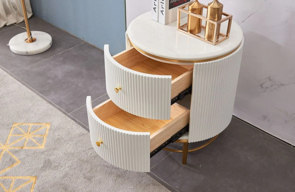 Luxus Beistelltisch Weiß / Messingfarben / Gold Ø 50 x H. 58 cm - Runder Nachttisch mit 2 Schubladen - Moderne Möbel