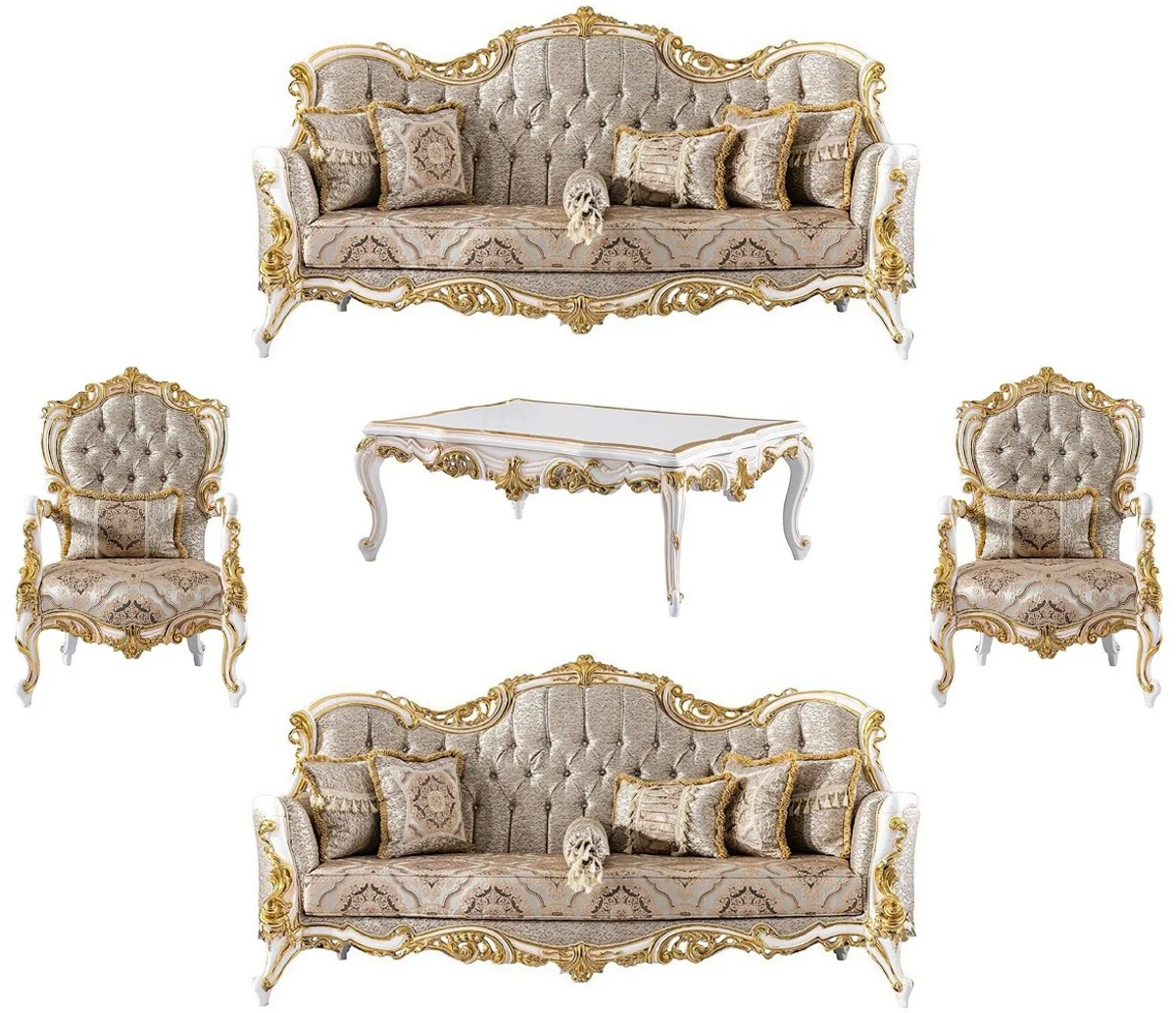 Luxus Barock Wohnzimmer Set Silber / Beige / Schwarz / Weiß / Gold - 2 Barock Sofas & 2 Barock Sessel & 1 Barock Couchtisch - Luxus Wohnzimmer Möbel im Barockstil - Barock Möbel