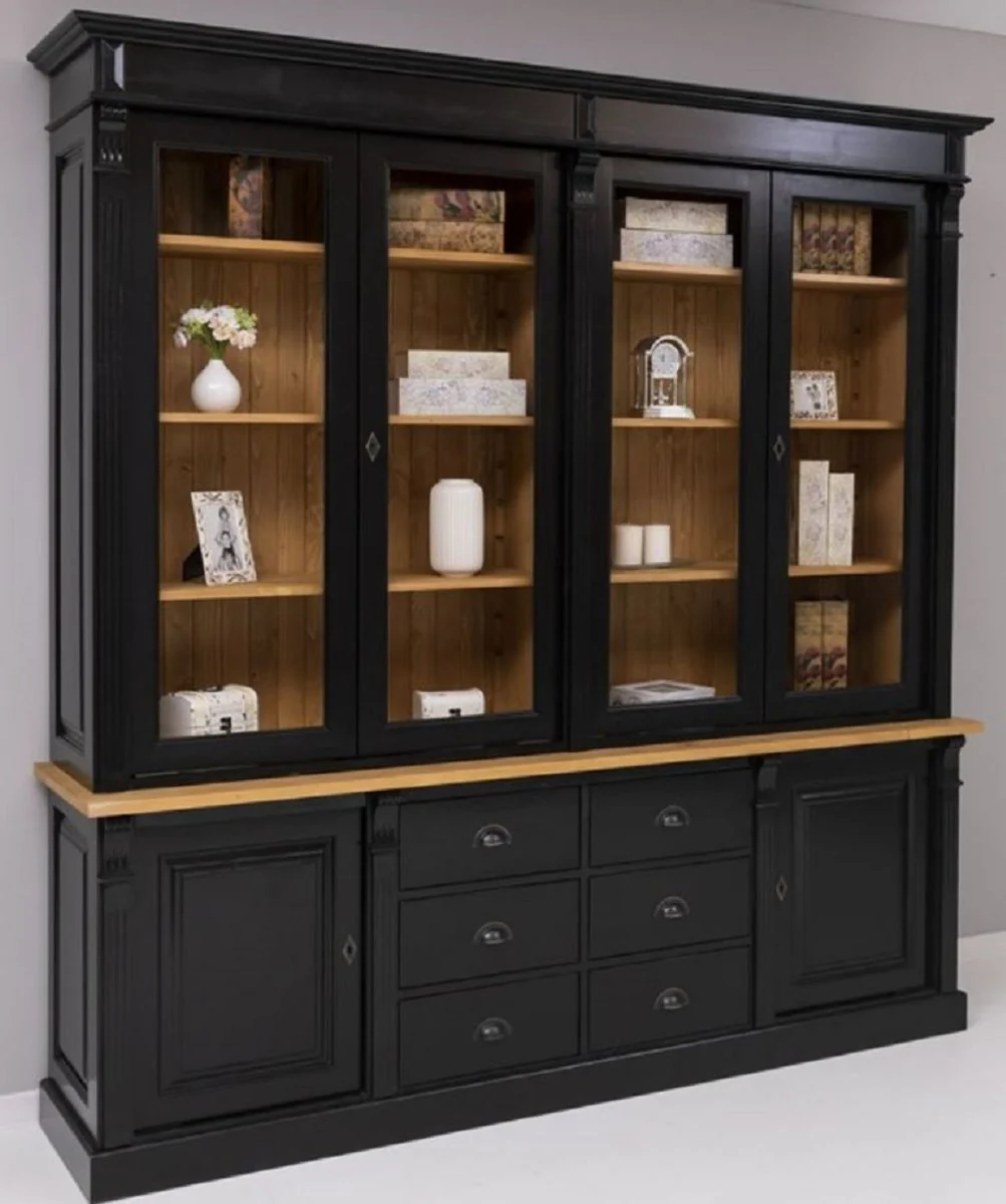 Landhausstil Massivholz Schrank Schwarz / Naturfarben 223 x 51 x H. 228 cm - Bücherschrank - Regalschrank - Landhausstil Massivholz Möbel