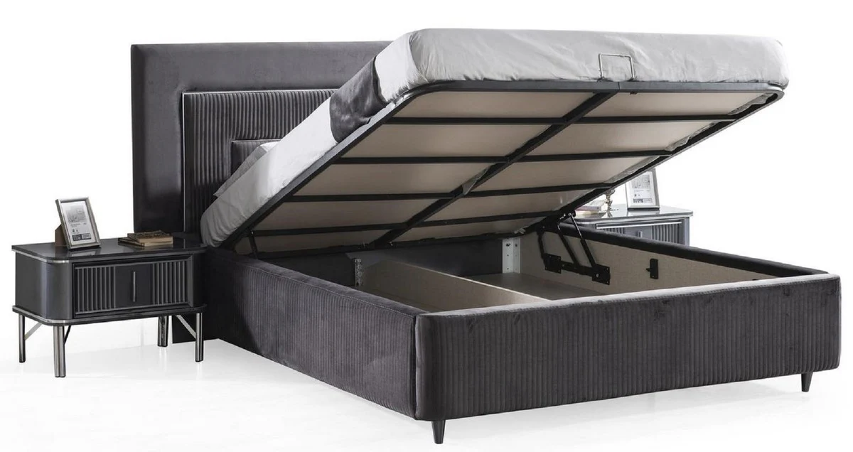 Luxus Schlafzimmer Set Grau / Silber - 1 Doppelbett mit Kopfteil & 2 Nachttische - Luxus Schlafzimmer Möbel