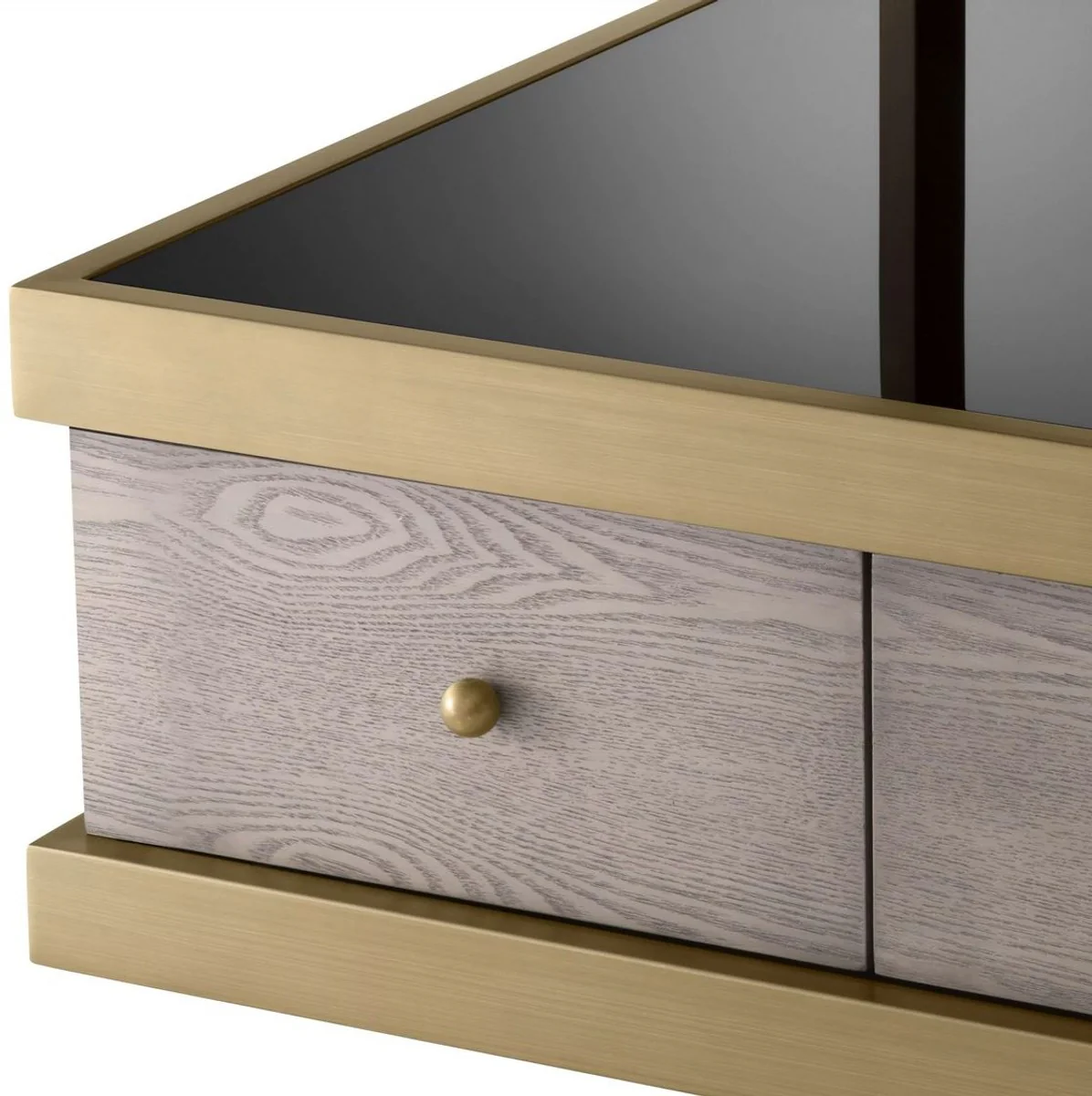 Luxus Beistelltisch Messing / Grau / Schwarz 70 x 75 x H. 58 cm - Wohnzimmer Beistelltisch mit 2 Schubladen und 2 Glasplatten - Wohnzimmer Möbel - Luxus Möbel - Luxus Einrichtung