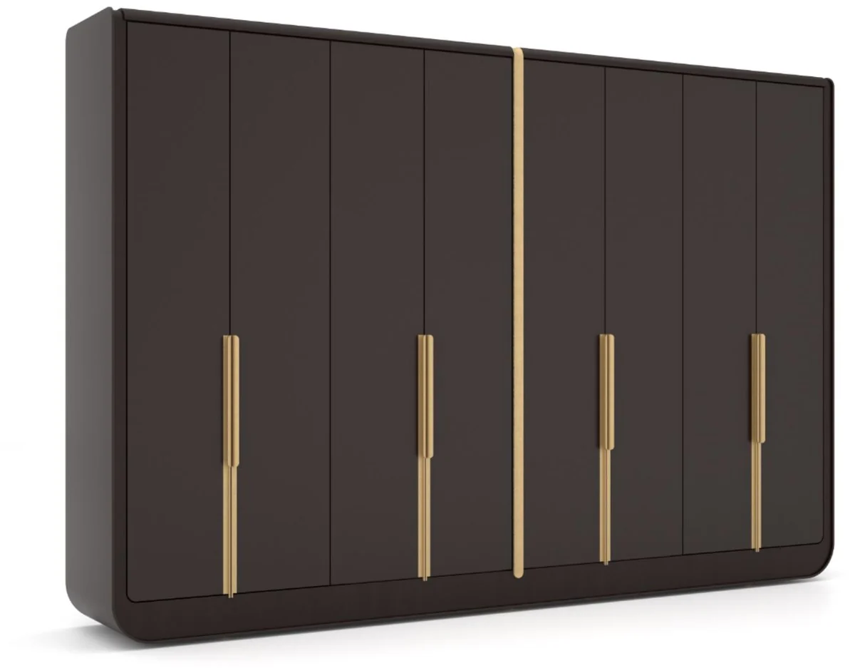 Luxus Schlafzimmerschrank Schwarz / Beige / Messing 350 x 60 x H. 238 cm - Massivholz Kleiderschrank mit 8 Türen - Schlafzimmer Möbel - Hotel Möbel - Luxus Möbel