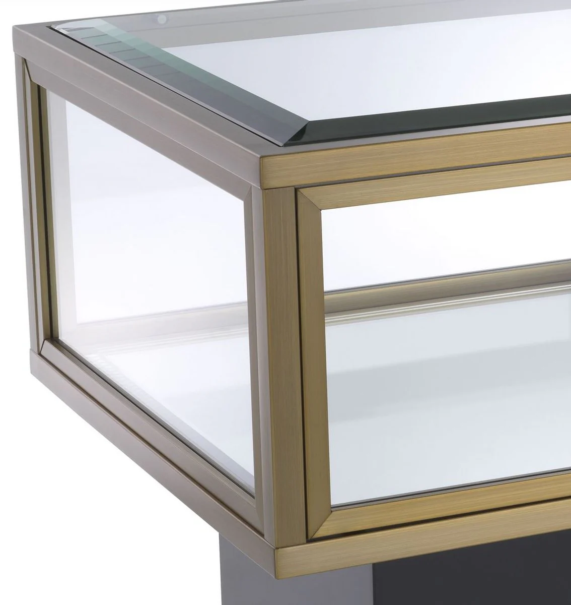 Luxus Beistelltisch Messingfarben / Schwarz 70 x 50 x H. 46 cm - Rechteckiger Edelstahl Tisch mit Glasplatten und Spiegelglas Boden - Luxus Wohnzimmer & Hotel Möbel