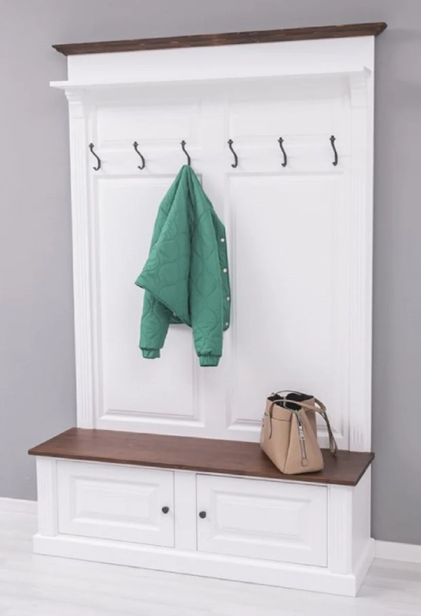 Landhausstil Massivholz Garderobenschrank Weiß / Dunkelbraun 140 x 41 x H. 210 cm - Wand Garderobe - Flur Schrank - Flurmöbel - Garderobenmöbel - Landhausstil Möbel
