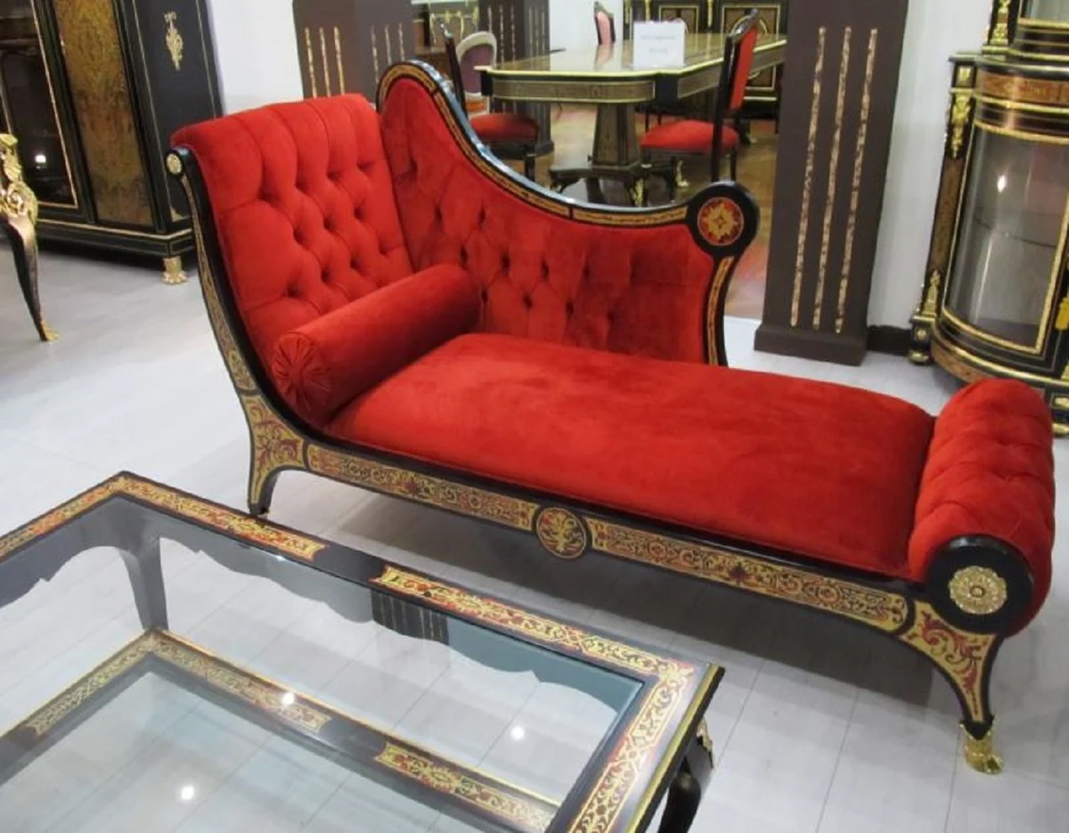 Luxus Barock Boulle Chaiselongue Rot / Schwarz / Gold 180 x 75 x H. 106 cm - Handgefertigte Massivholz Recamiere mit edlem Samtstoff - Barock Möbel - Luxus Qualität
