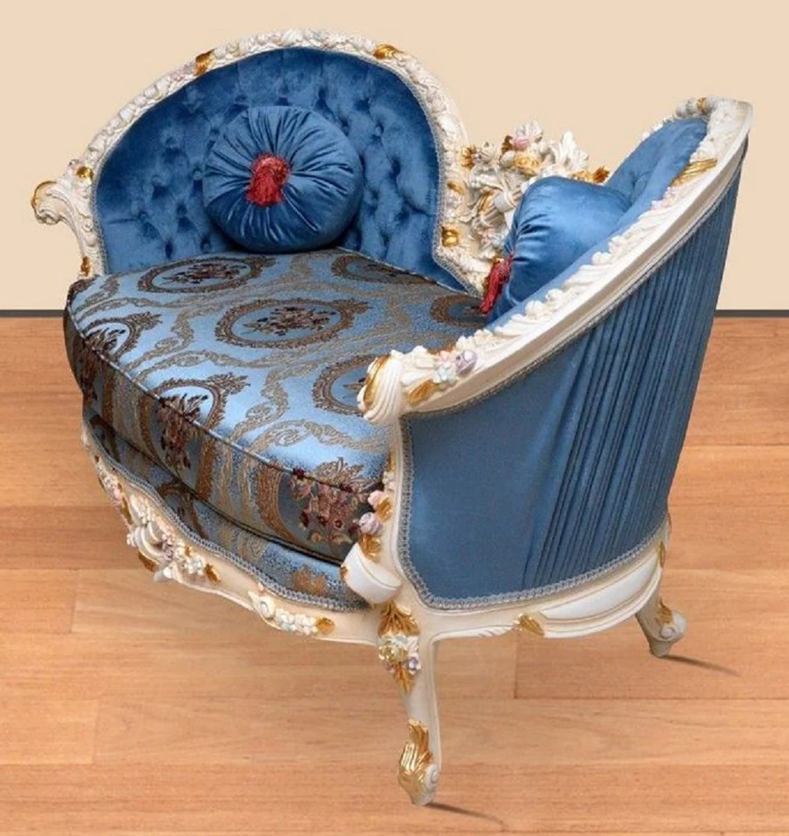 Barock Sofa Blau Muster / Creme / Weiß / Gold - Handgefertigtes Wohnzimmer Sofa im Barockstil - Prunkvolle Barock Wohnzimmer Möbel