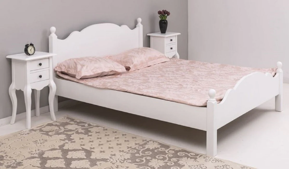 Landhausstil Massivholz Schlafzimmer Set Weiß - 1 Landhausstil Doppelbett & 2 Landhausstil Nachttische - Massivholz Schlafzimmer Möbel - Schlafzimmer Möbel im Landhausstil
