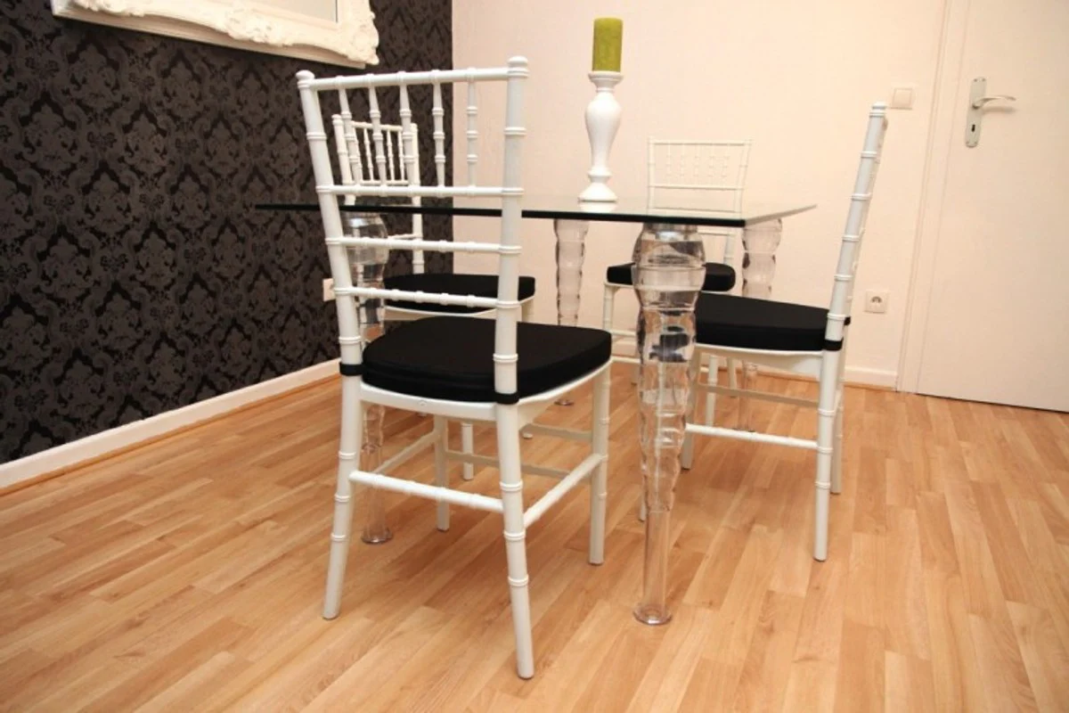 Designer Acryl Esszimmer Set Weiß/Schwarz - Ghost Chair Table - Polycarbonat Möbel - 1 Tisch + 4 Stühle - Designer Möbel
