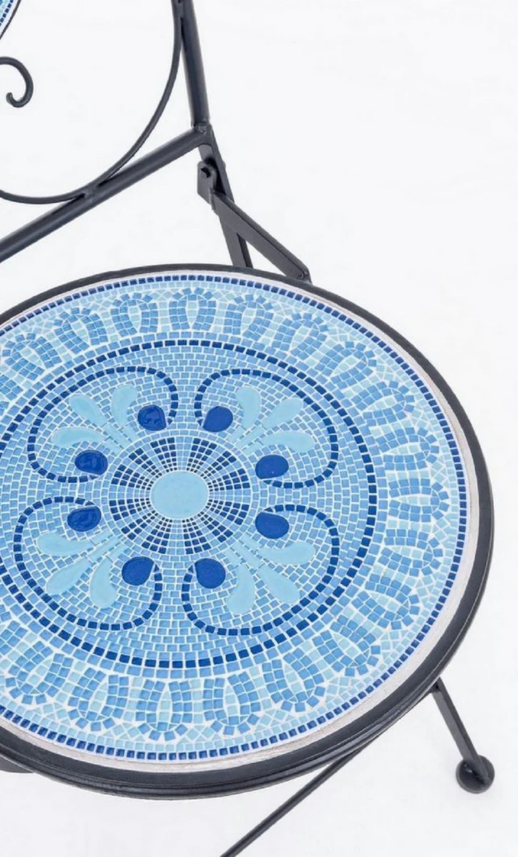 Jugendstil Gartenstuhl 4er Set Schwarz / Blau / Weiß 39 x 47 x H. 92 cm - Klappbare Stühle mit Keramik Platten - Nostalgische Garten & Gastronomie Möbel