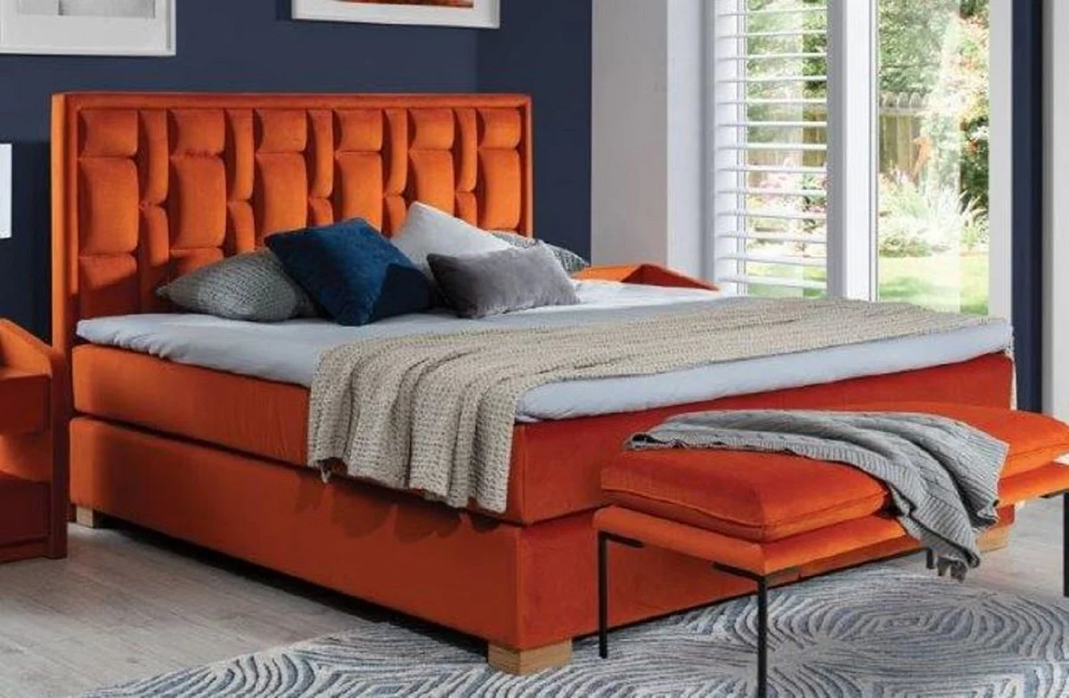 Luxus Doppelbett Orange / Naturfarben - Verschiedene Größen - Modernes Massivholz Bett mit Kopfteil - Moderne Schlafzimmer Möbel - Luxus Kollektion