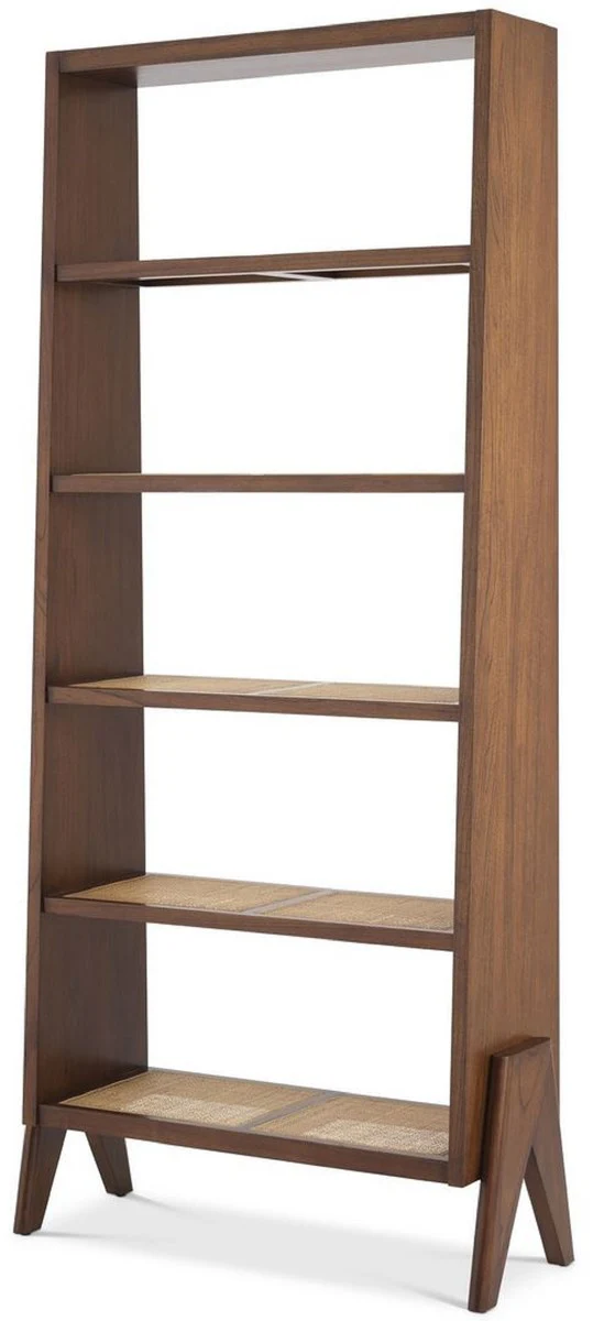 Luxus Regalschrank Braun / Naturfarben 95 x 36 x H. 211 cm - Edler Massivholz Schrank mit Rattangeflecht - Wohnzimmerschrank - Büroschrank - Luxus Möbel