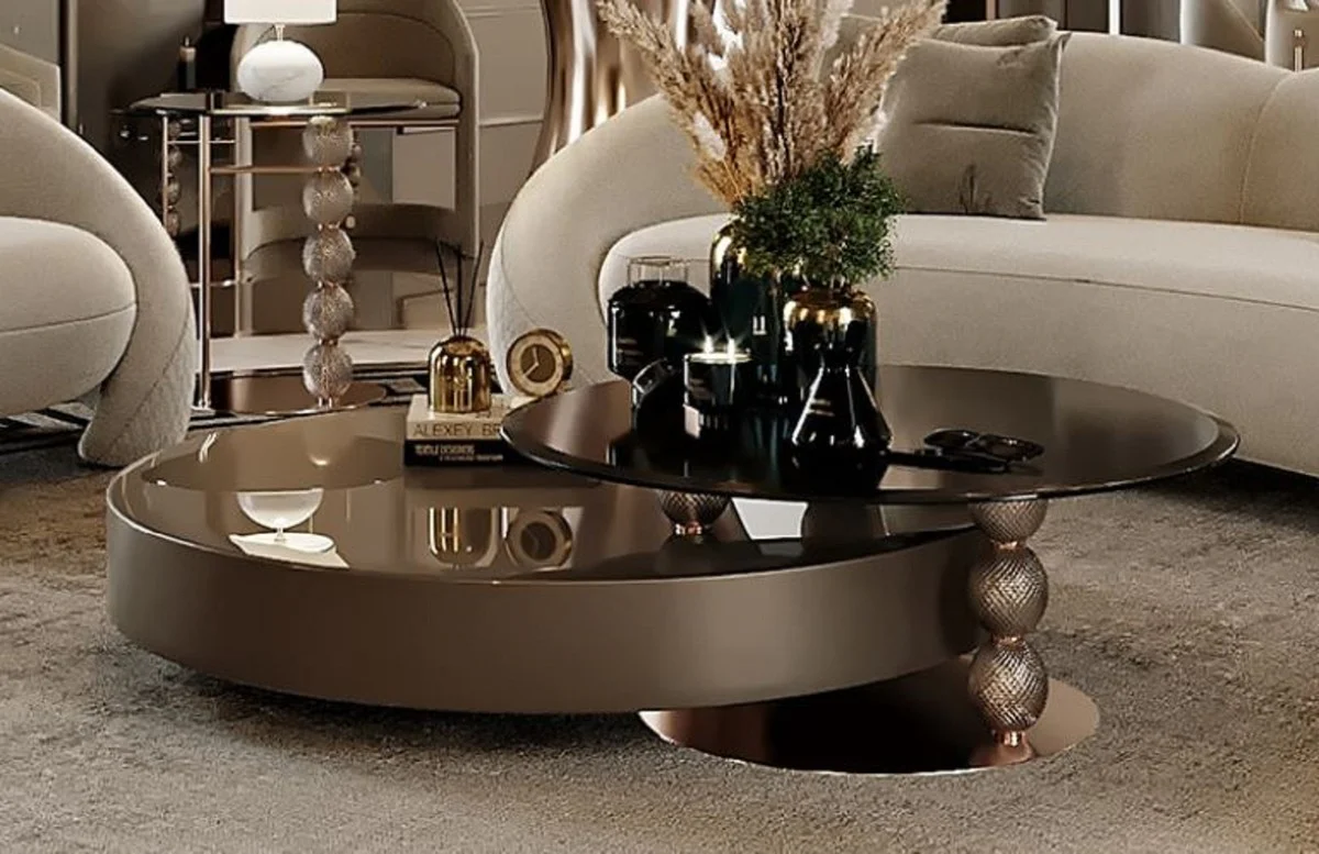 Luxus Couchtisch Grau / Kupfer / Schwarz 151 x 120 x H. 35,3 cm - Wohnzimmertisch mit Glasplatten - Wohnzimmer Möbel - Hotel Möbel - Luxus Möbel - Luxus Einrichtung