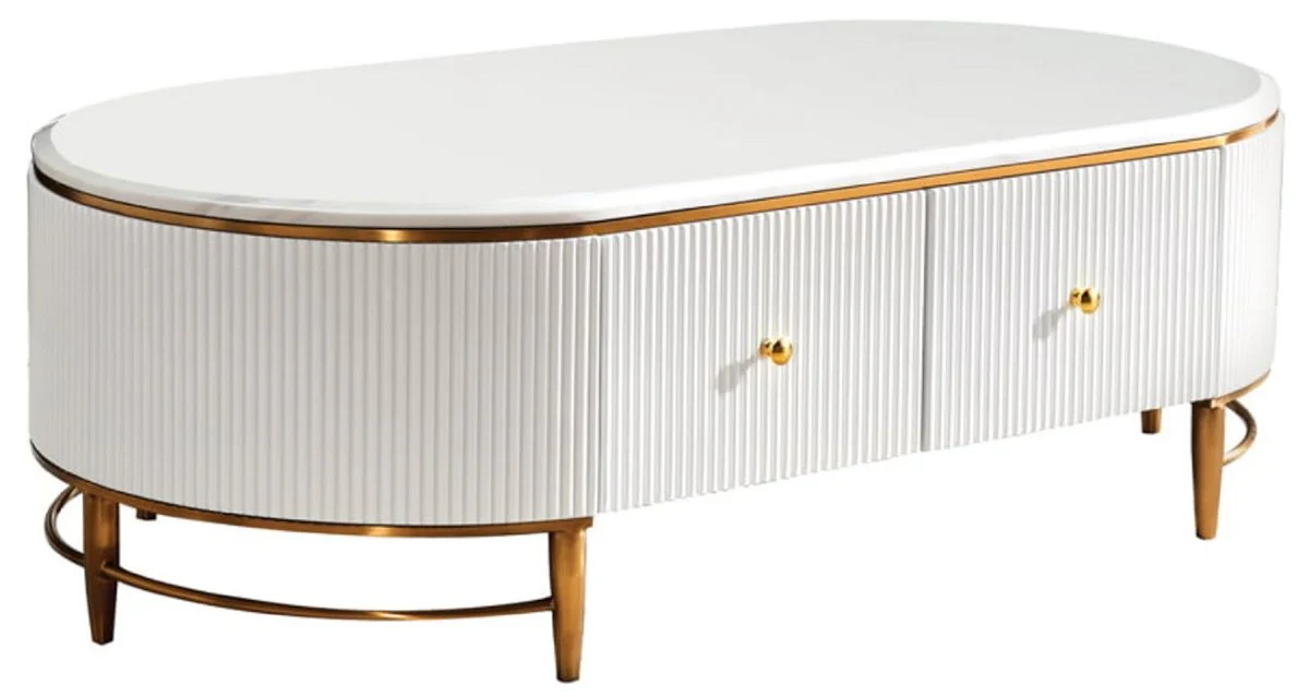 Luxus Couchtisch Weiß / Messingfarben / Gold 130 x 70 x H. 42 cm - Moderner Wohnzimmertisch mit 4 Schubladen - Moderne Wohnzimmer Möbel