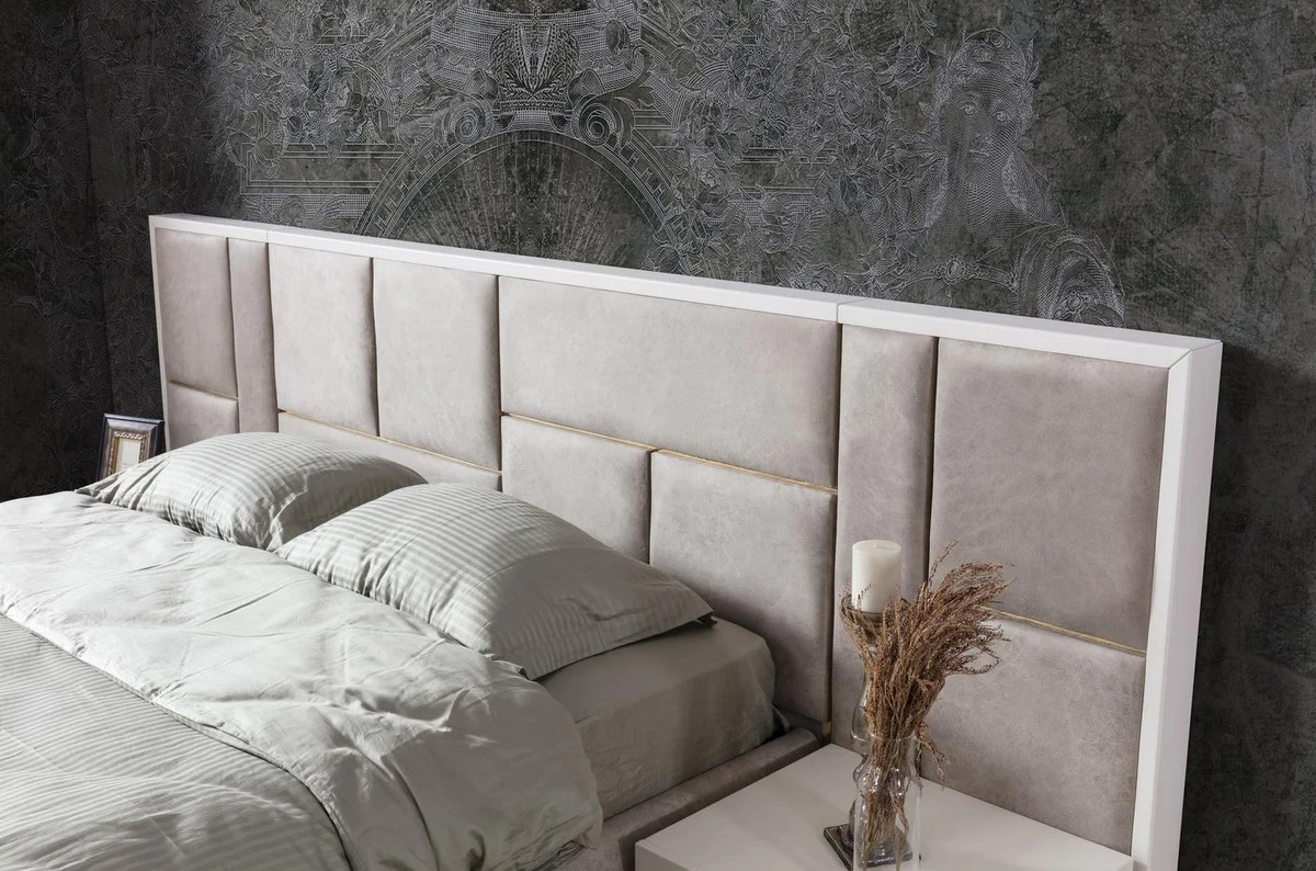 Luxus Massivholz Schlafzimmer Set Grau / Weiß / Gold - 1 Doppelbett mit Kopfteil & 2 Nachttische - Luxus Schlafzimmer Möbel