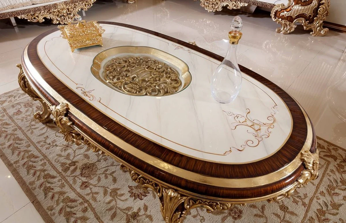 Luxus Barock Couchtisch Weiß / Braun / Gold - Prunkvoller Wohnzimmertisch mit Glasplatte - Barock Wohnzimmer Möbel - Edel & Prunkvoll