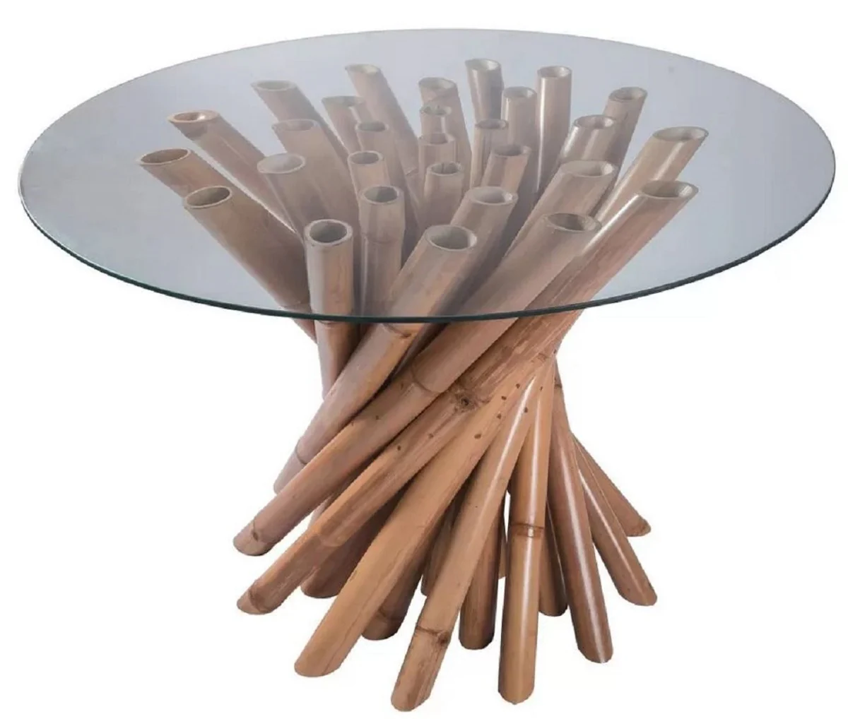 Luxus Esstisch Naturfarben Ø 120 x H. 80 cm - Runder Bambus Küchentisch mit Glasplatte - Esszimmer Möbel - Bambus Möbel - Luxus Möbel - Luxus Esszimmer Einrichtung