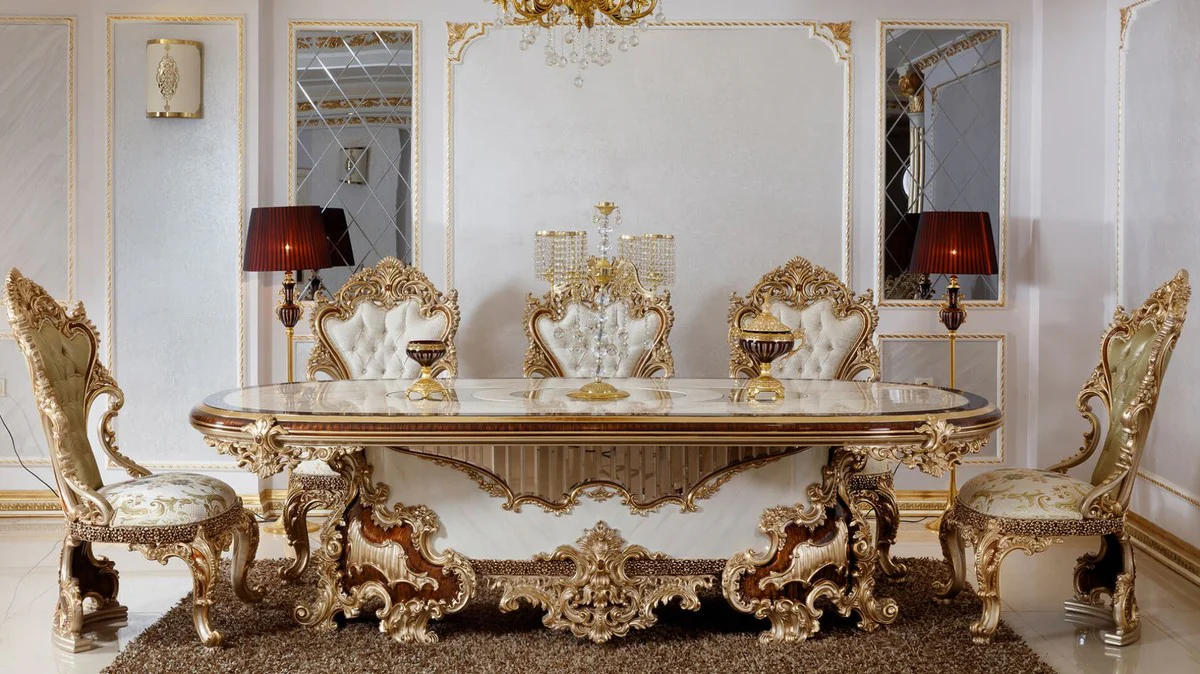 Luxus Barock Esszimmer Set Weiß / Braun / Gold - 1 Barock Esstisch & 6 Barock Esszimmerstühle - Barock Esszimmer Möbel - Luxus Möbel im Barockstil - Edel & Prunkvoll - Luxus Qualität