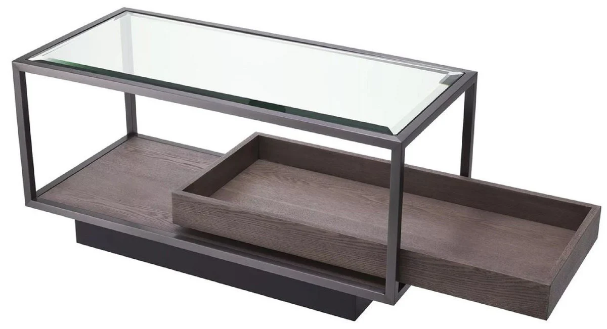 Luxus Beistelltisch Bronze / Grau 90 x 42 x H. 44 cm - Rechteckiger Tisch mit Glasplatte und edlem Furnier - Wohnzimmer Möbel - Luxus Möbel - Luxus Einrichtung