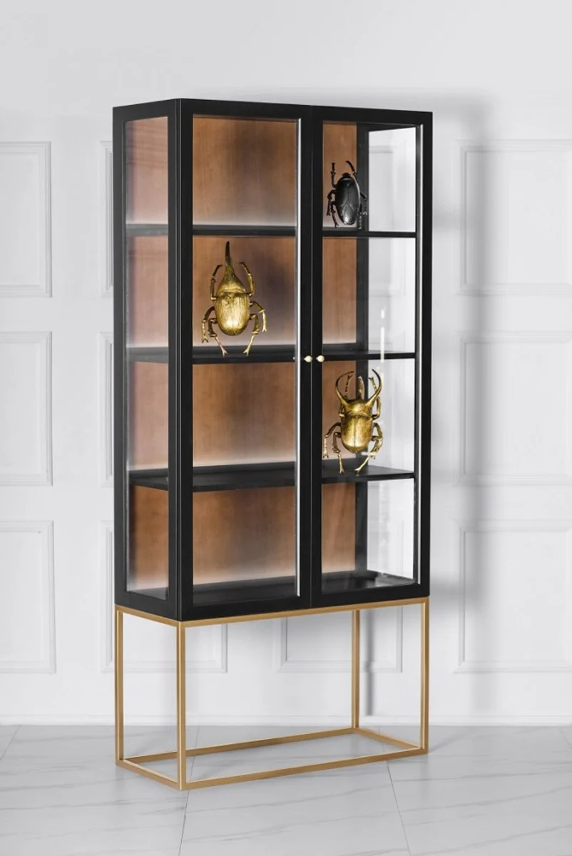 Luxus Glas Vitrine Schwarz / Messing Gold 200 x 90 cm - Luxus Boutique Vitrinenschrank - Neoklassisch