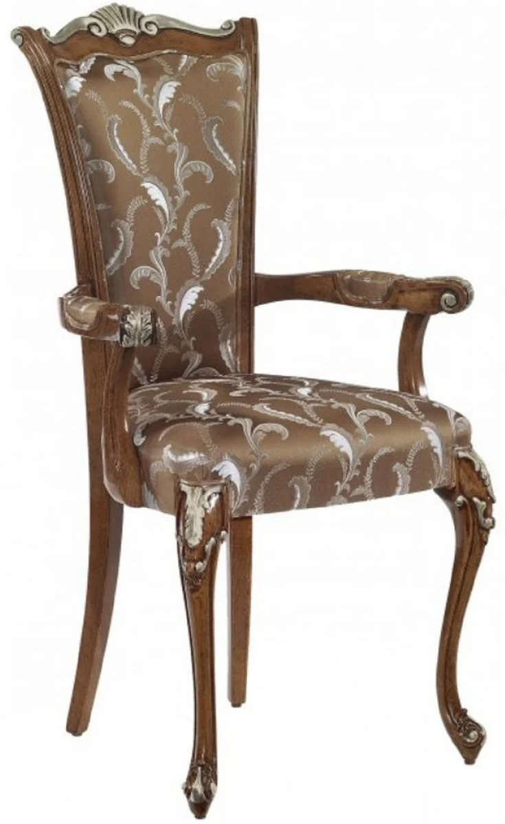 Luxus Barock Esszimmerstuhl Set Braun / Weiß / Silber - Handgefertigtes Küchen Stühle 6er Set mit Armlehnen - Barock Esszimmer Möbel - Luxus Qualität - Made in Italy