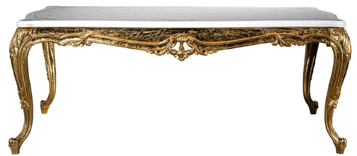 Luxus Barock Esszimmer Set Weiß / Gold - 1 Esstisch & 6 Esszimmerstühle - Handgefertigte Esszimmer Möbel im Barockstil - Edel & Prunkvoll