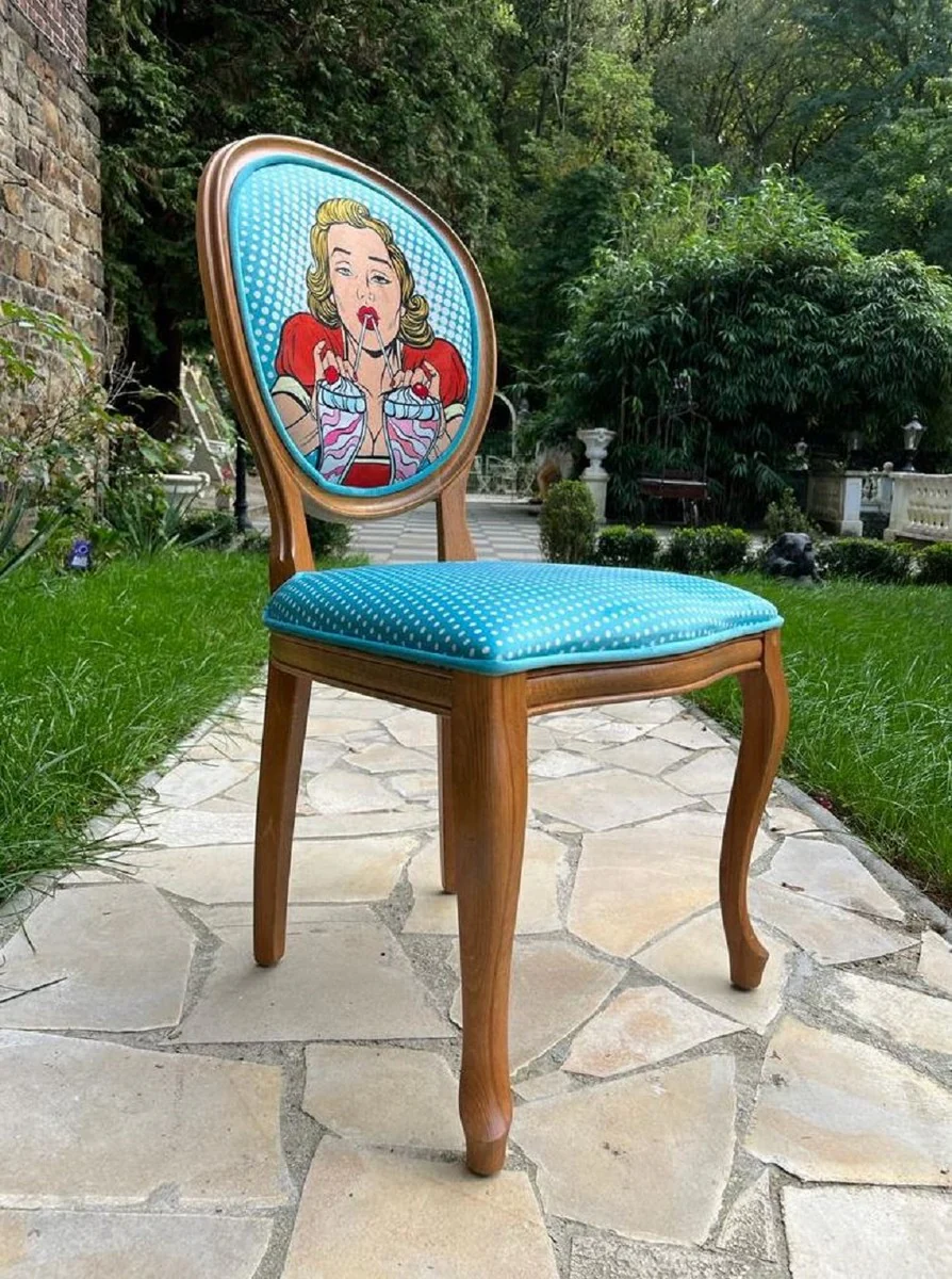 Luxus Barock Esszimmer Stuhl Blau / Mehrfarbig / Braun - Handgefertigter Antik Stil Stuhl mit Design - Esszimmer Möbel im Barockstil