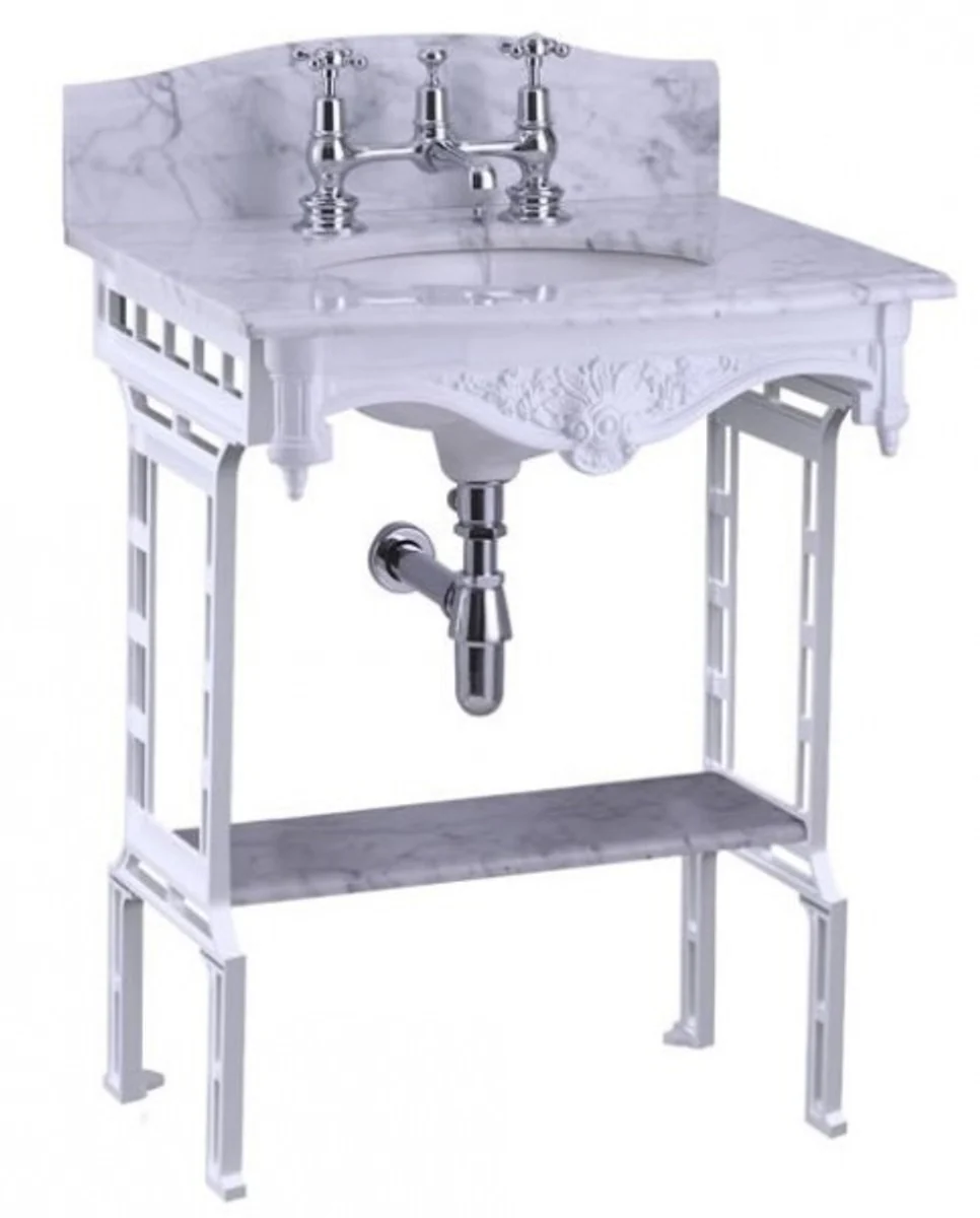 Luxus Jugendstil Stand Waschtisch Weiß / Weiß mit Marmorplatte mit Spritzschutz hinten und Ablage Barock Waschbecken Barockstil Antik Stil