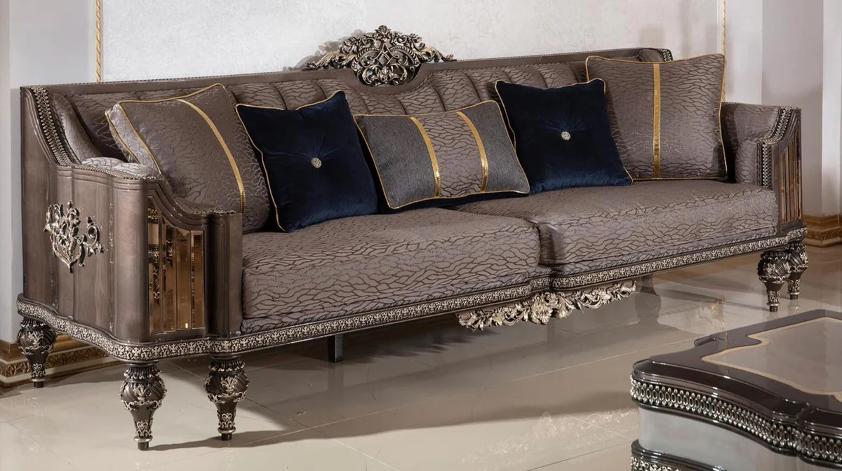 Luxus Barock Wohnzimmer Set Grau / Dunkelbraun / Gold - 2 Sofas & 2 Sessel & 1 Couchtisch & 2 Beistelltische - Handgefertigte Wohnzimmer Möbel im Barockstil - Edel & Prunkvoll