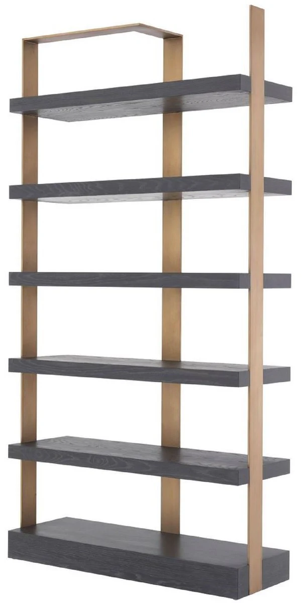 Luxus Regalschrank Anthrazitgrau / Messingfarben 120,5 x 40 x H. 230 cm - Eichenfurnier Schrank mit Edelstahlrahmen - Bücherschrank - Luxus Wohnzimmer Möbel