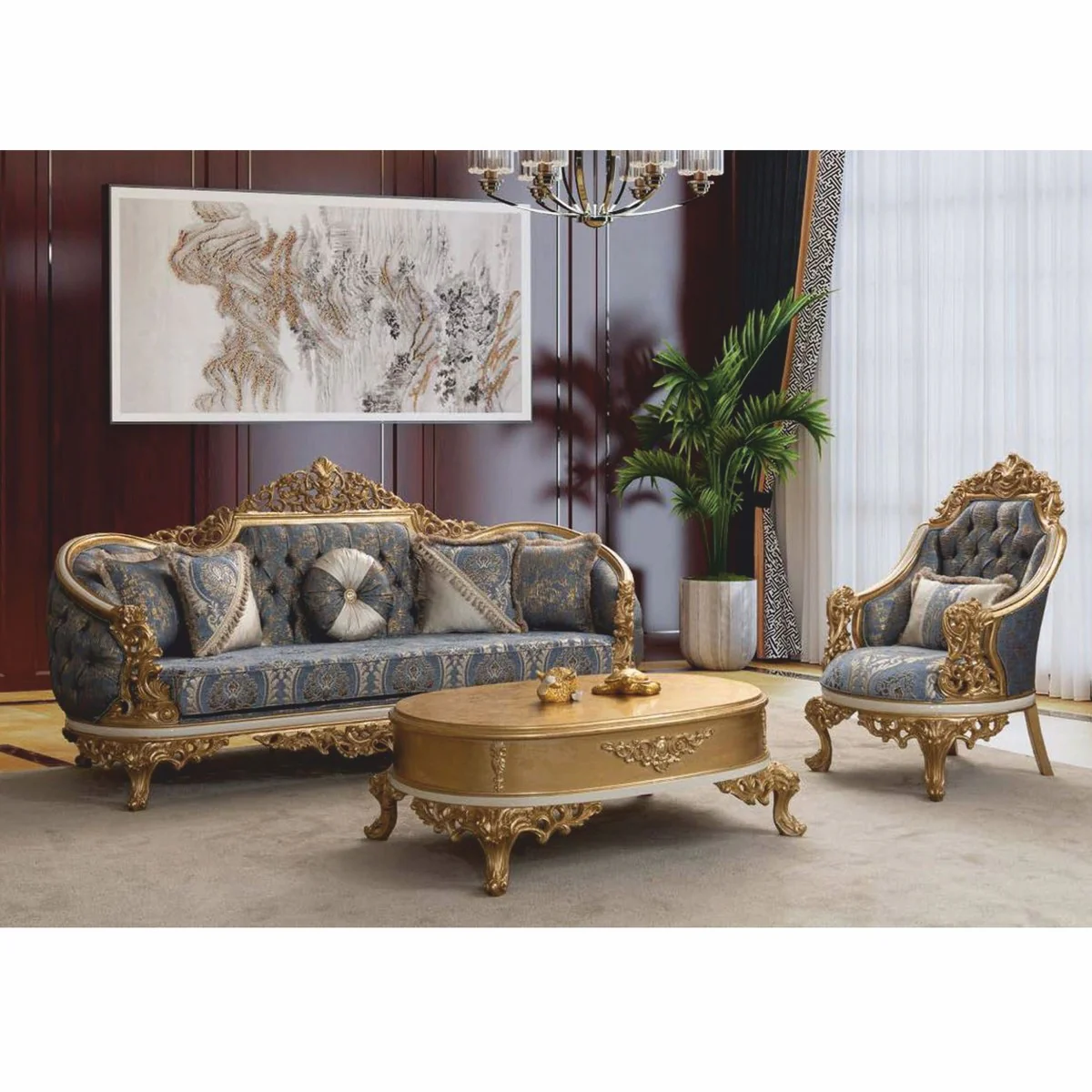 Luxus Barock Couchtisch Gold / Weiß 120 cm - Barockstil Möbel
