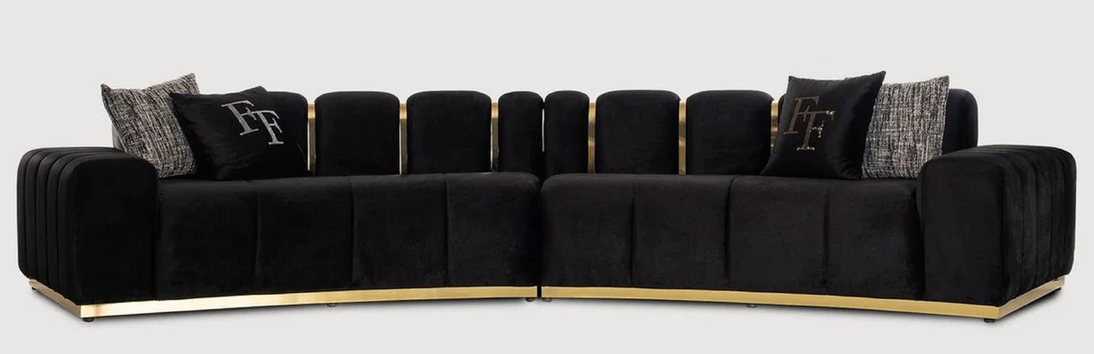 Luxus 5er Sofa Schwarz / Gold 420 x 100 x H. 80 cm - Gebogenes Wohnzimmer Sofa - Hotel Sofa - Wohnzimmer Möbel - Hotel Möbel - Luxus Möbel - Luxus Einrichtung