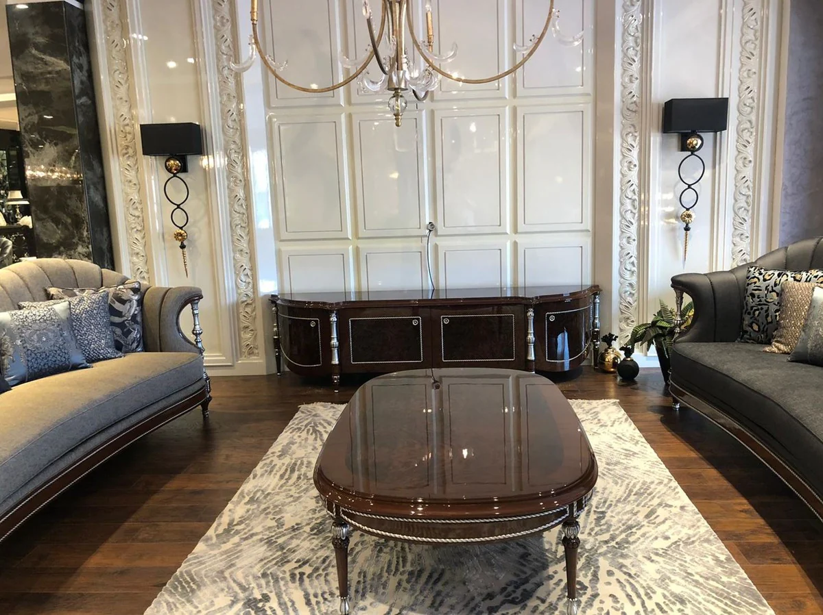 Luxus Barock Couchtisch Braun / Silber 144 x 92 x H. 45 cm - Ovaler Massivholz Wohnzimmertisch - Edle Barock Wohnzimmer Möbel