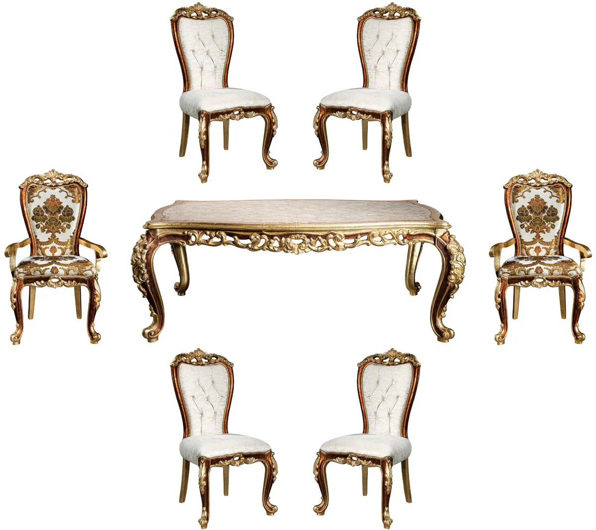 Luxus Barock Esszimmer Set Weiß / Gold / Braun / Gold - 1 Esszimmertisch & 6 Esszimmerstühle - Edle Esszimmer Möbel im Barockstil - Edel & Prunkvoll