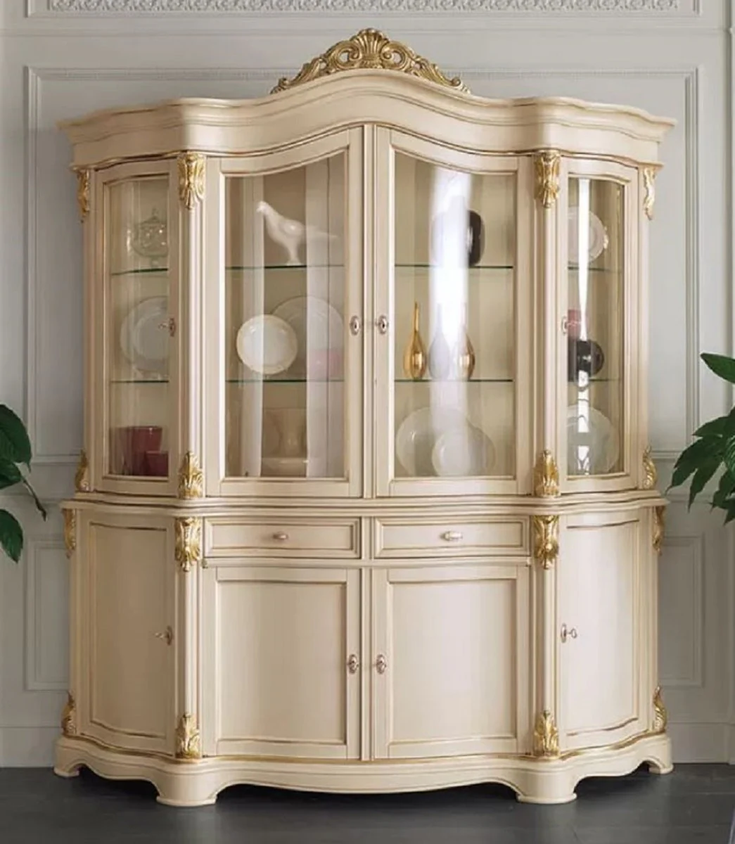 Luxus Barock Vitrinenschrank Cremefarben / Gold - Handgefertigter Massivholz Vitrine mit 8 Türen und 2 Schhubladen - Prunkvolle Barock Möbel - Luxus Qualität - Made in Italy