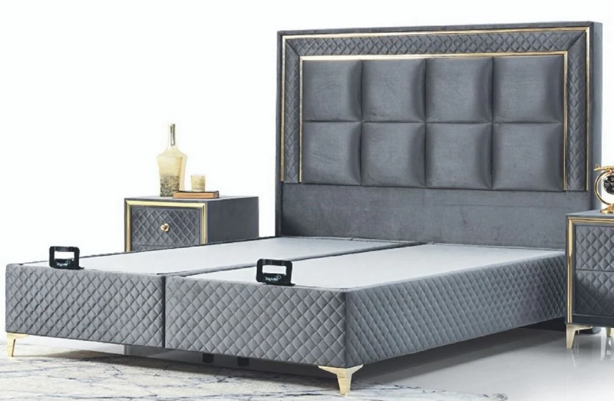 Luxus Doppelbett Grau / Gold - Modernes Massivholz Bett - Moderne Schlafzimmer & Hotel Möbel - Luxus Kollektion