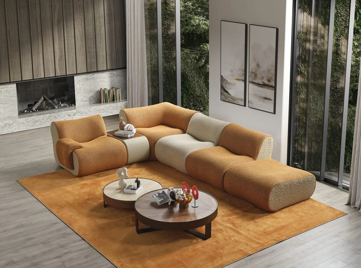 Luxus Ecksofa Braun / Creme / Grau 340 x 232 x H. 72 cm - Modulares 6 Teiliges Wohnzimmer Sofa - Hotel Sofa - Wohnzimmer Möbel - Hotel Möbel - Luxus Möbel