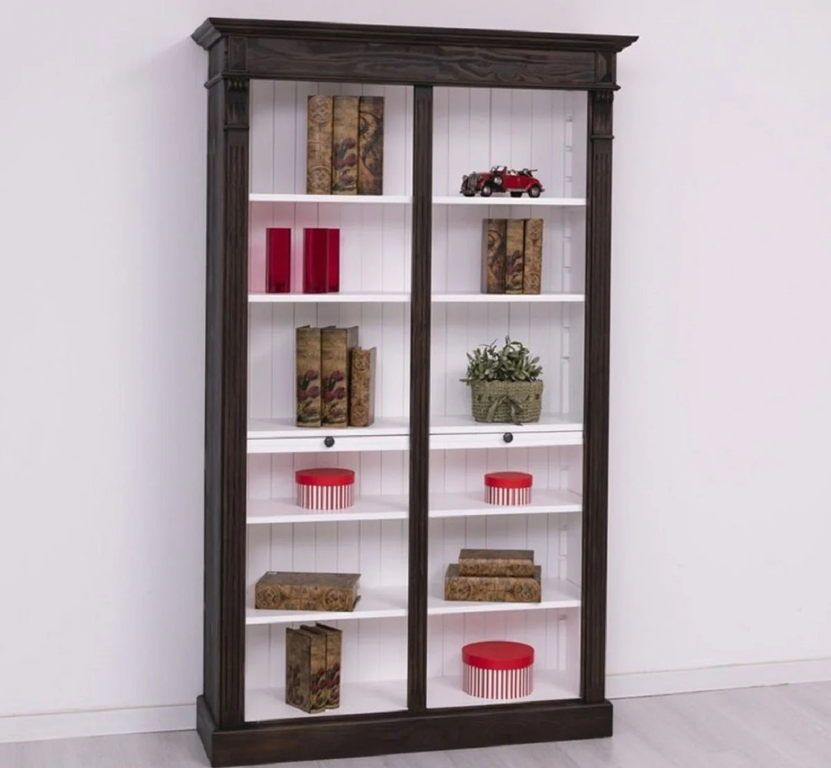 Landhausstil Bücherschrank Schwarz / Weiß 120 x 37 x H. 197 cm - Massivholz Schrank - Regalschrank - Wohnzimmerschrank - Landhausstil Möbel