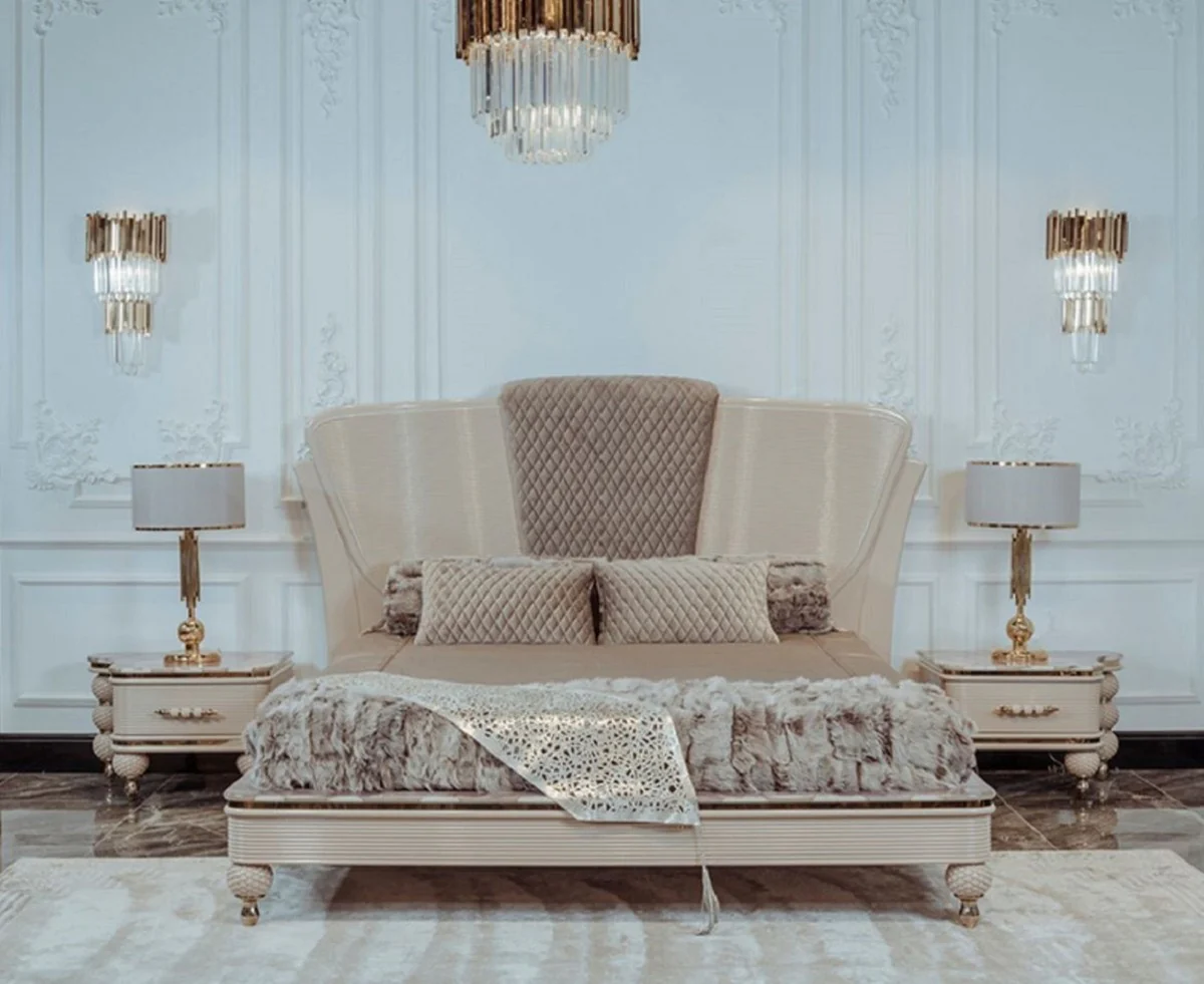 Luxus Art Deco Schlafzimmer Set Beige / Grau / Gold - 1 Doppelbett mit Kopfteil & 2 Nachttische - Art Deco Schlafzimmer & Hotel Möbel - Luxus Kollektion