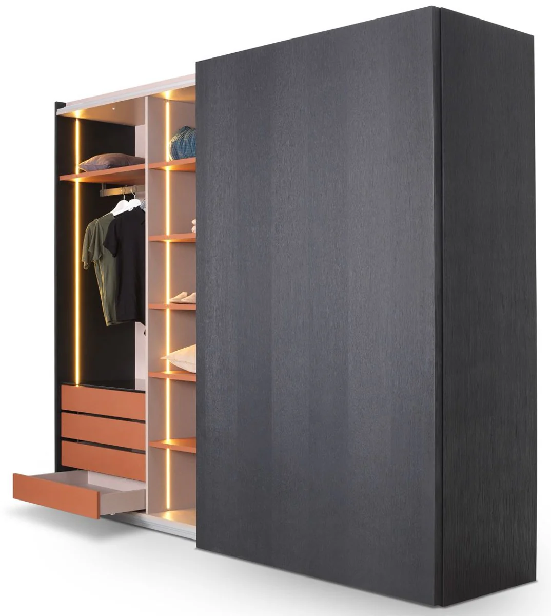 Luxus Schlafzimmerschrank Schwarz 260 x 70 x H. 228 cm - Beleuchteter Massivholz Kleiderschrank mit 2 Schiebetüren - Schlafzimmer Möbel - Hotel Möbel - Luxus Möbel
