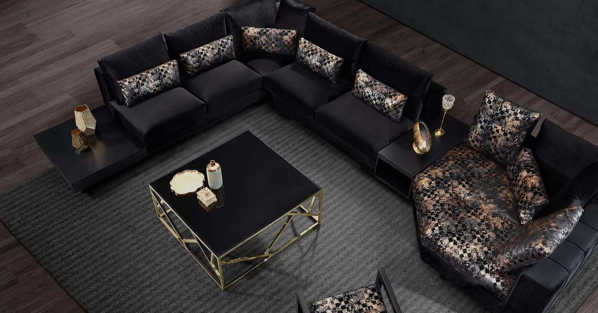 Luxus Couchtisch Gold / Schwarz 125 x 125 x H. 43 cm - Quadratischer Edelstahl Wohnzimmertisch mit Glasplatte - Wohnzimmer Möbel - Luxus Qualität