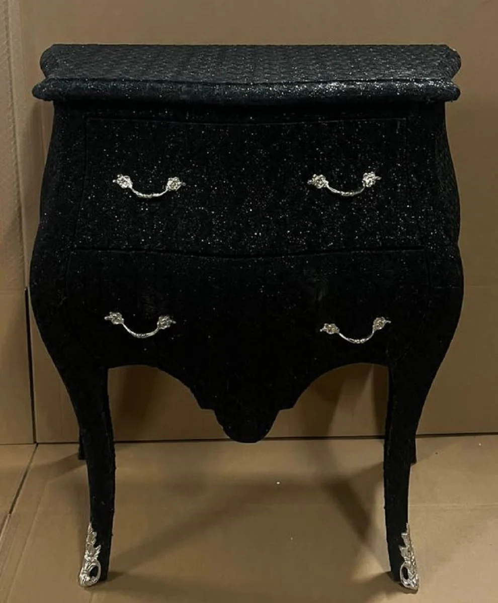 Barock Kommode Schwarz Glitzer Look / Silber - Handgefertigte Barockstil Nachtkommode mit 2 Schubladen - Barock Möbel - Schlafzimmer Möbel im Barockstil