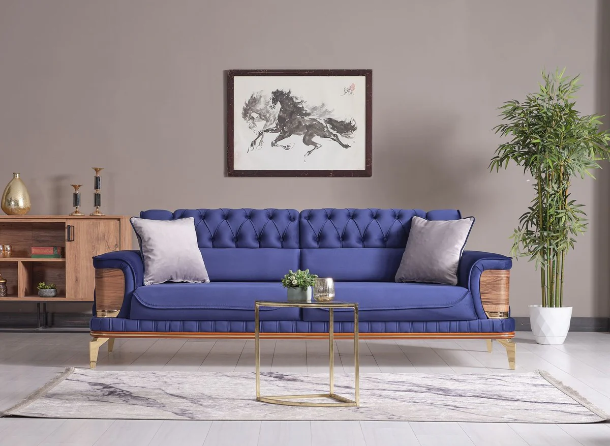 Luxus Schlafsofa Blau / Braun / Gold 232 x 92 x H. 85 cm - Wohnzimmer Sofa mit 2 Kissen - Luxus Wohnzimmer Möbel