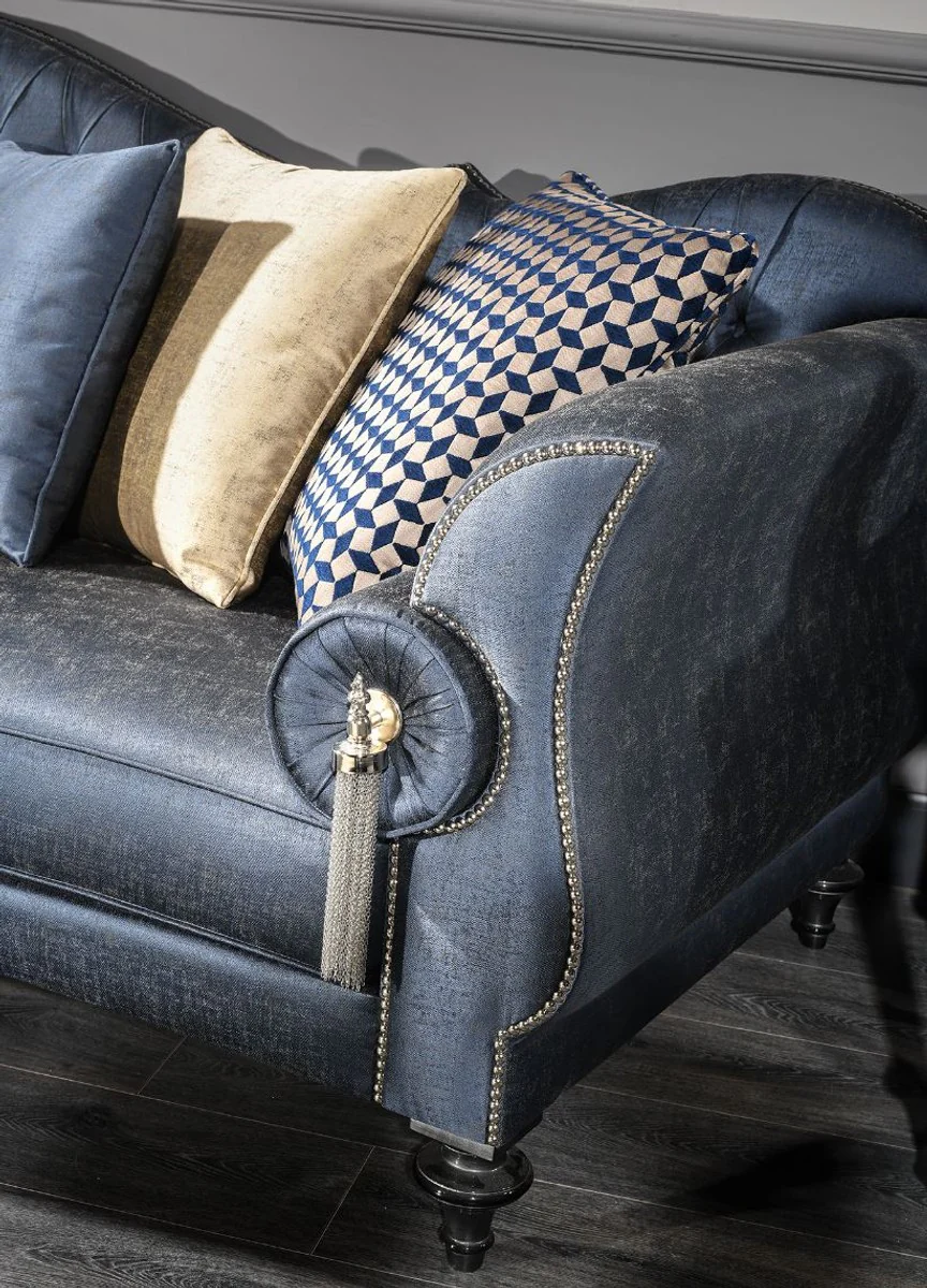 Luxus Barock Wohnzimmer Sofa Blau / Silber / Schwarz 300 x 94 x H. 88 cm - Edel & Prunkvoll