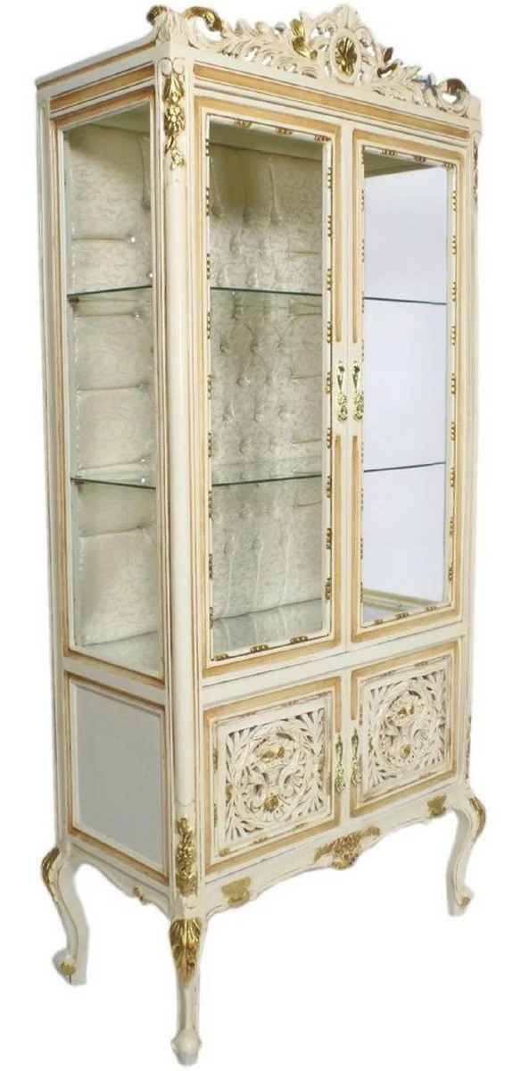 Barock Vitrine Cremefarben / Beige / Gold 100 x 40 x H. 170 cm - Prunkvoller Barock Vitrinenschrank mit 2 Glastüren wunderschönen Verzierungen und Glitzersteinen