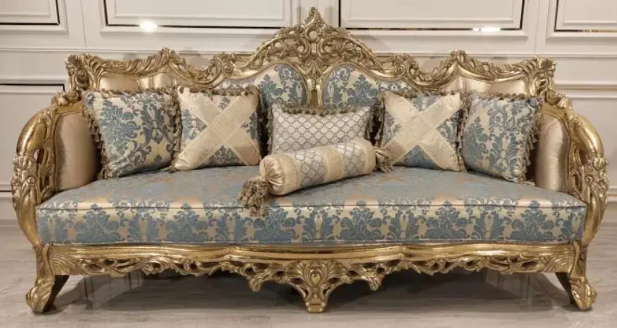 Luxus Barock Sofa mit elegantem Muster Türkis / Rosa / Gold - Handgefertigtes Wohnzimmer Sofa im Barockstil - Barock Wohnzimmer Möbel - Edel & Prunkvoll